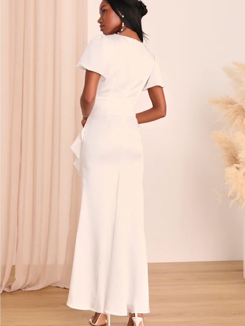 Eternal Bond White Satin Ruffled Flutter Sleeve - Picture 3 of 12